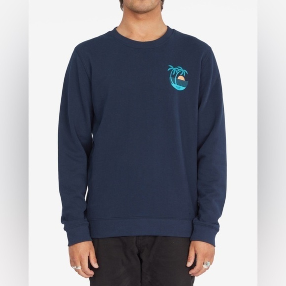 Billabong Mens Navy Blue Palm Tree Sunset Graphic Crewneck Sweatshirt Large